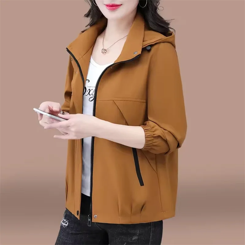 

Spring Autumn Short Korean Fashion Trench Coat Women 2026New Solid Color Hooded Casual Loose Top Female Windbreakers Outerwear