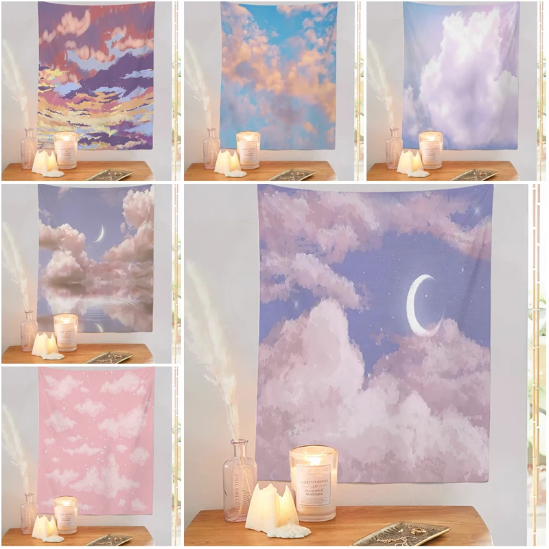 Pink Moon Tapestry Wall Hanging Life Dream Aesthetics Sky Love White Cloud Sun Home Decoration  Background Fabric