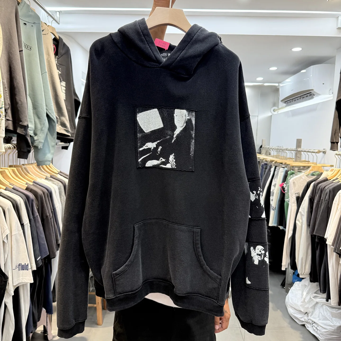 

Washed out High Street Depressed Second Generation Rich Patchwork Portrait Fleece Lined Hoodie Couple Loose Fit Long Sleeve