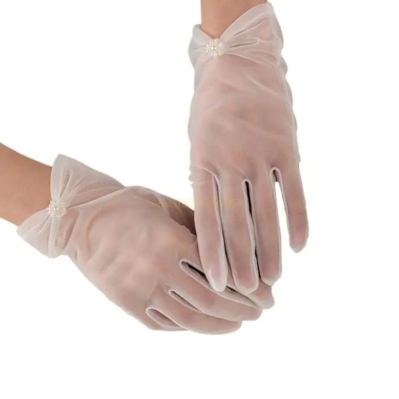 31BF حساسة اللؤلؤ الاصطناعي قفازات الزفاف قصيرة طول حفل زفاف أساسي تول قفازات للعروس مناسبة رسمية #1