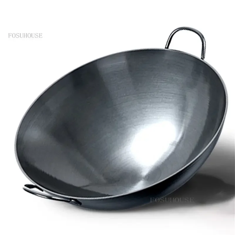 

Traditional Handmade Iron Pot Uncoated Round Bottom Large Iron Pot Household Non-stick Frying Pan Binaural Restaurant Iron Wok B