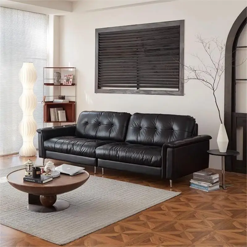 #Italian Minimalist Nebula Genuine Leather Sofa Straight Row Mid Century LivingRoom Small Space Top Grain Cowhide Black Sofa Set
