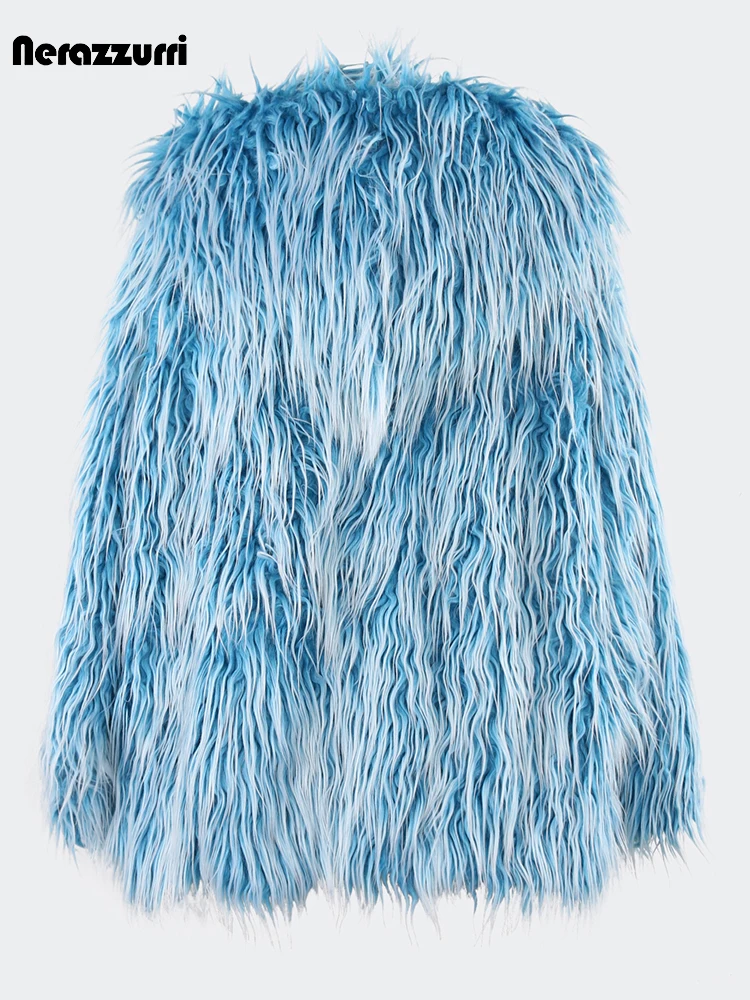 Nerazzurri Autumn Winter Blue Shaggy Hairy Thick Warm Faux Fur Coat Women with Hood Long Sleeve Loose Casual Fluffy Jacket 2023