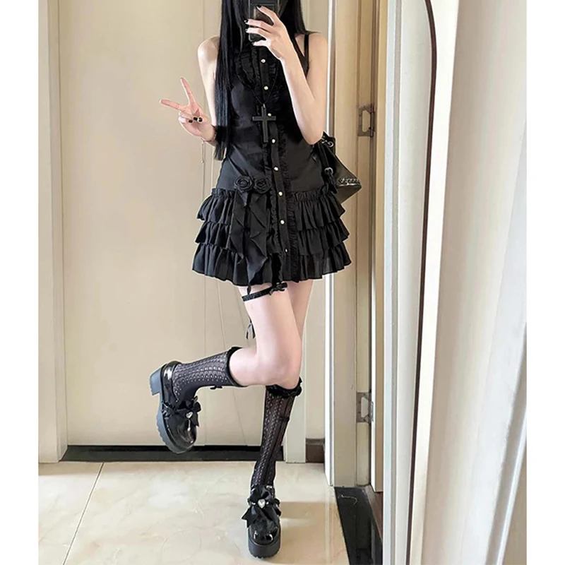 Vintage Black Mini Dress Women Y2K Harajuku Ruffles Patchwork Dresses Summer Gyaru Japanese Gothic Sleeveless Bodycon Vestidos