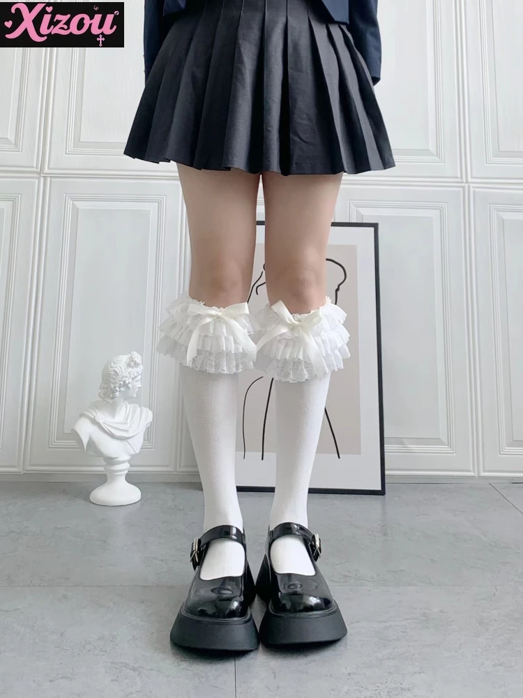 Sweetheart girl Japanese doll original Lolita pure cotton calf socks lace bow media tube sock cotton socks knee sock women