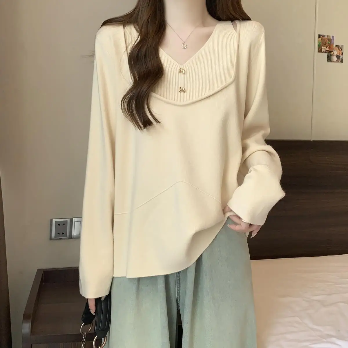 

Knitted Sweater V-Neck Hollow Autumn And Winter New Style Lazy Style Large Size Korean Style Loose Slimming Top