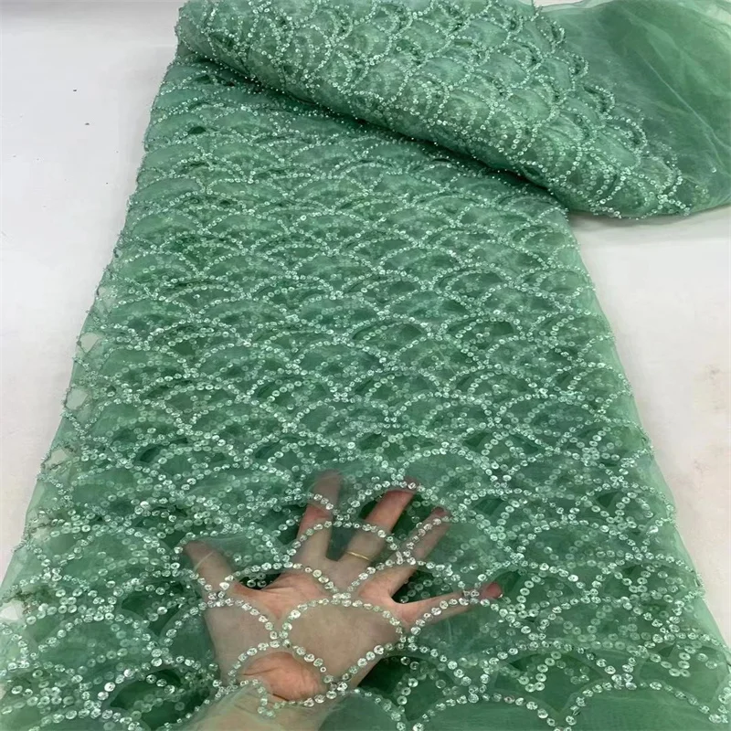 (5yards/pc) High grade emerald green beaded African sequins net lace fabric fully embroidered French lace for party dress