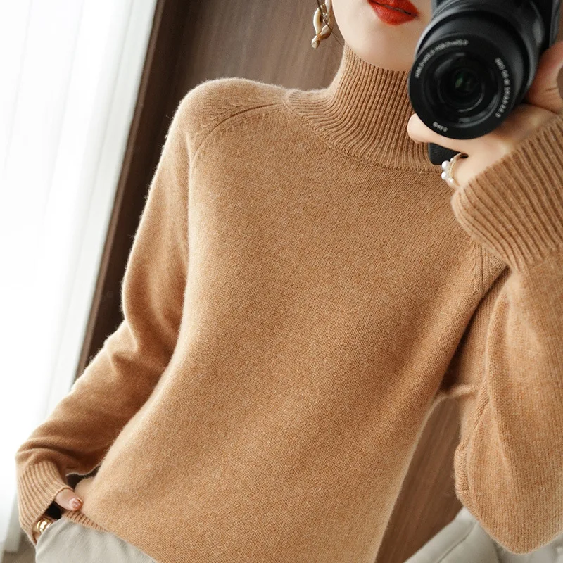 Sweater Turtleneck lengan panjang wanita, sweater kasual musim gugur musim dingin, Pullover hangat tebal, jumper dasar 2024, pakaian rajut Korea modis