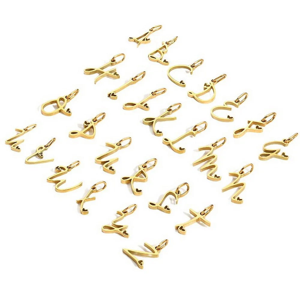 10mm Stainless Steel 26 Alphabet Initial Pendant 14K Gold Plated Cursive Script A-Z Letter Heart Charms for Necklace Bracelet view 4