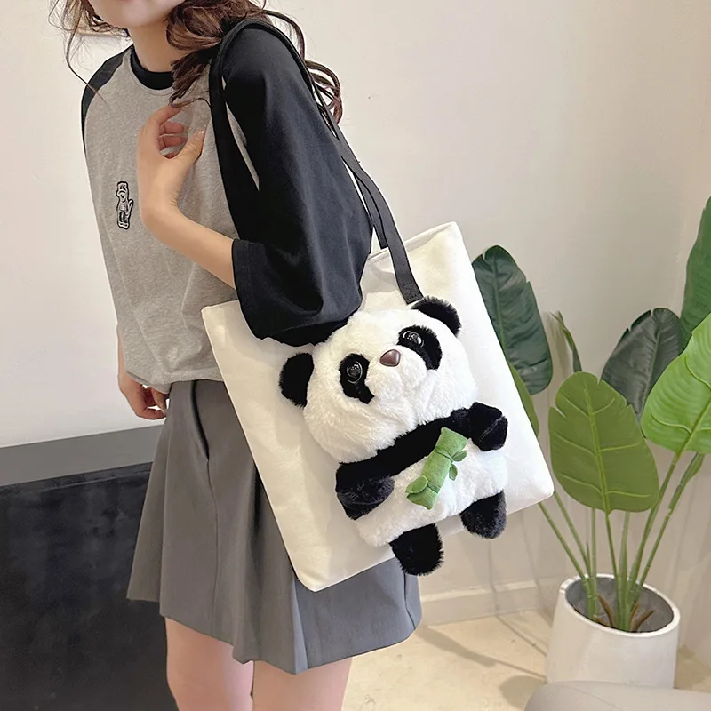 Panda Canvas Tas Schattige Cartoon Pop Schoudertas 2023 Splicing Stijl Grote Capaciteit Opbergtas Vrijetijdsreis Trend All-Match