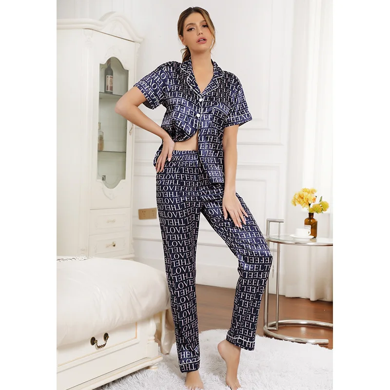 Abbigliamento da casa colorato Pantaloni da donna a maniche corte in seta imitazione da donna Pigiama Abiti estivi con aria condizionata