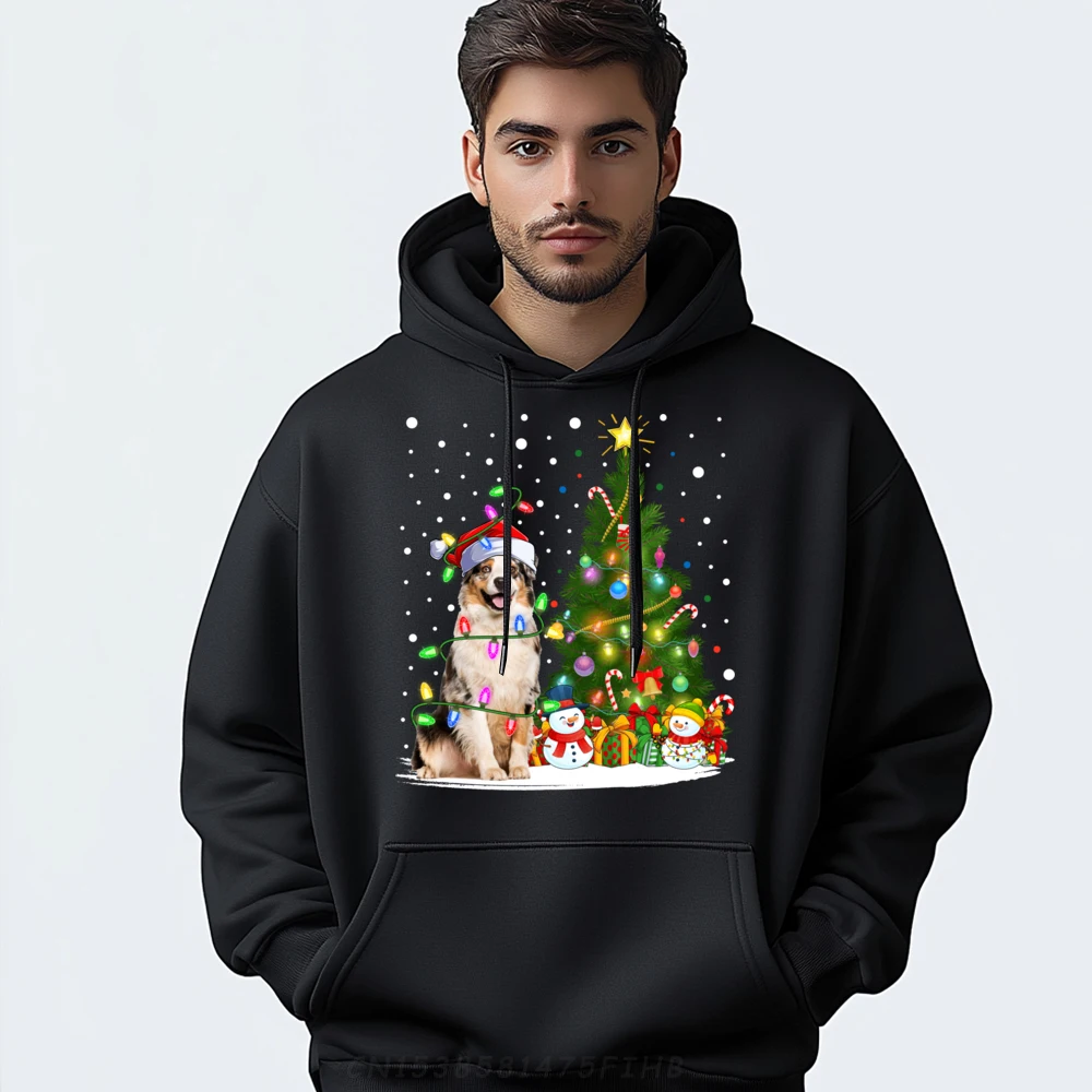 

Xmas Tree Lighting Santa Australian Shepherd Dog Christmas Sports Hoodie Men Men's Clothing Camisa Leisure