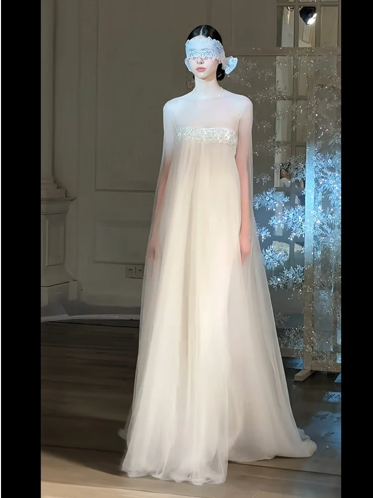 Ele Fairy T Sle Birthday Dr New Year Classic Strapl Tulle Gown with Sa Beaded High Waist A-Line Skirt