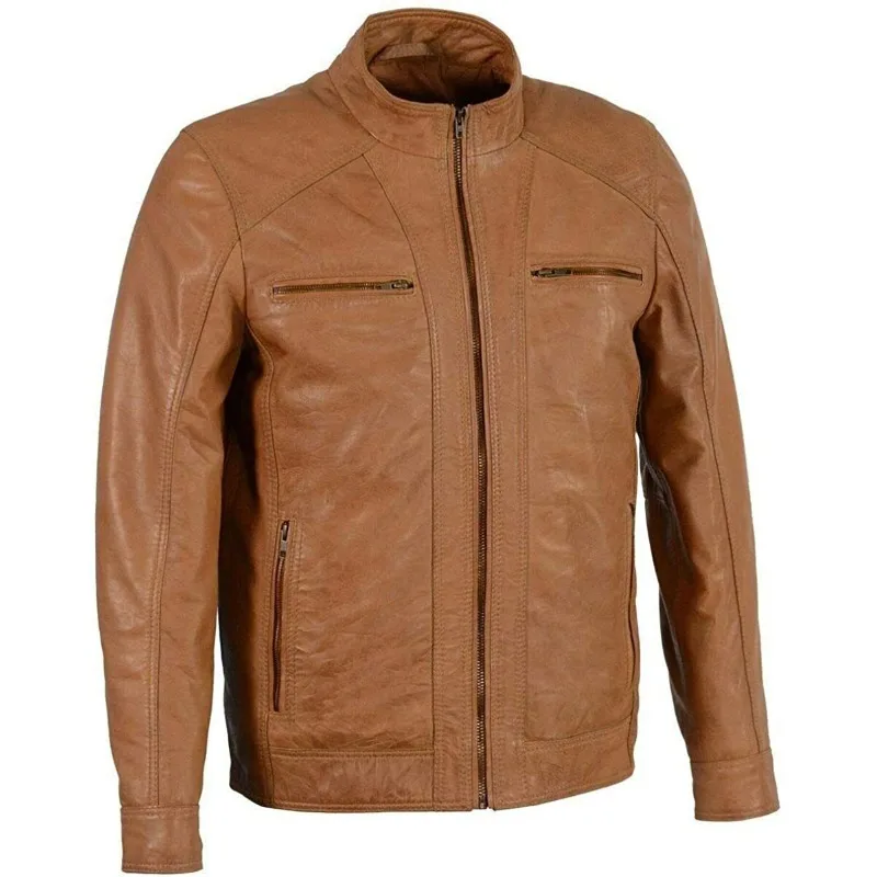 

Men's Pure Genuine Sheepskin Biker Leather Jacket Tan Stand Collar Classy Zipper