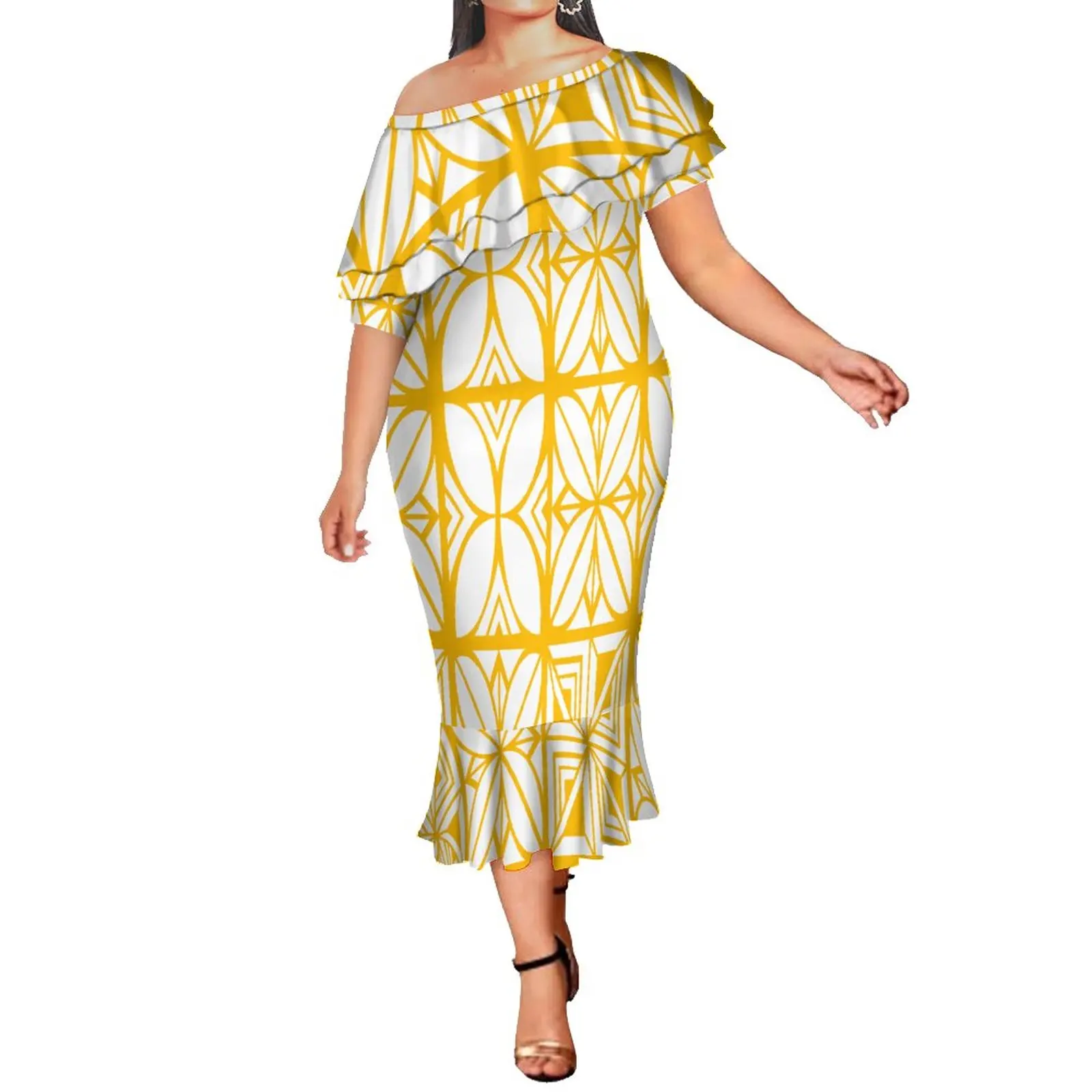 New Arrivals Big People Luxury Design Double Ruffle Mermaid Dress Polynesian Hawaii Style Off Shoulder Fishtail Dresses