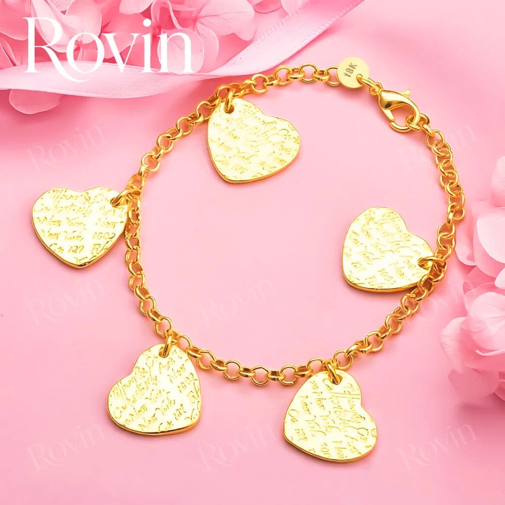 18K Gold 8-Inch Bracelet with Exquisitely Engraved Heart Tag – Stylish Women's Jewelry for Parties and Weddings