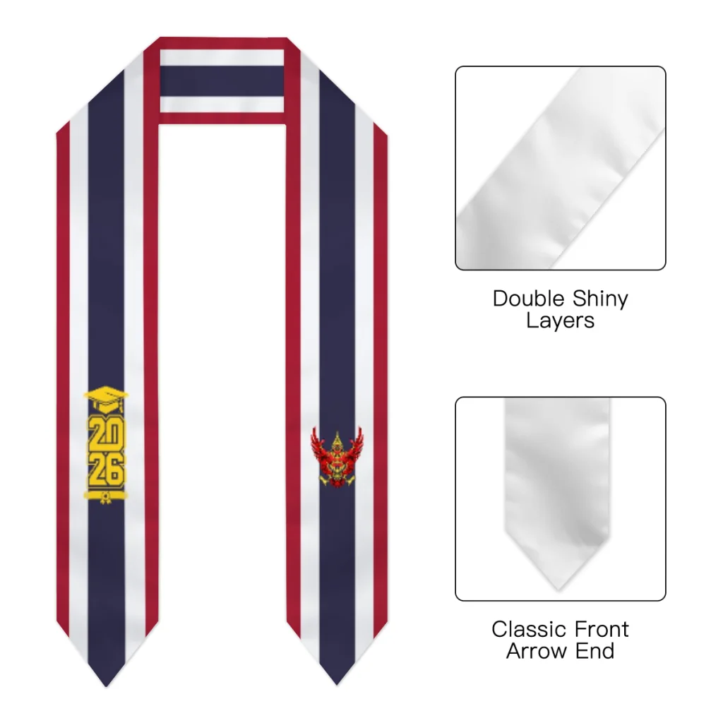 Class of 2026 Thailand Flag Scarf Graduation Sash Stole International Study Abroad Adult Unisex Party Accessory Top Print