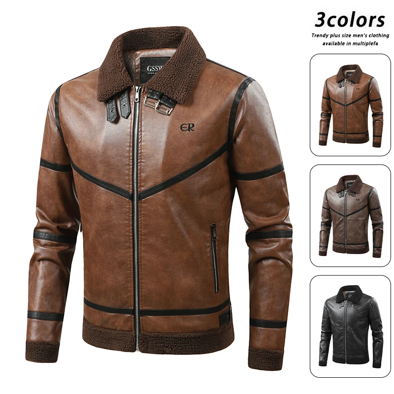 

Men's Motorcycle Leather Jacket Men's Plush Lapel Leather Jacket Coat New Arrived Autumn and Winter Fleece PU Leather Jacket