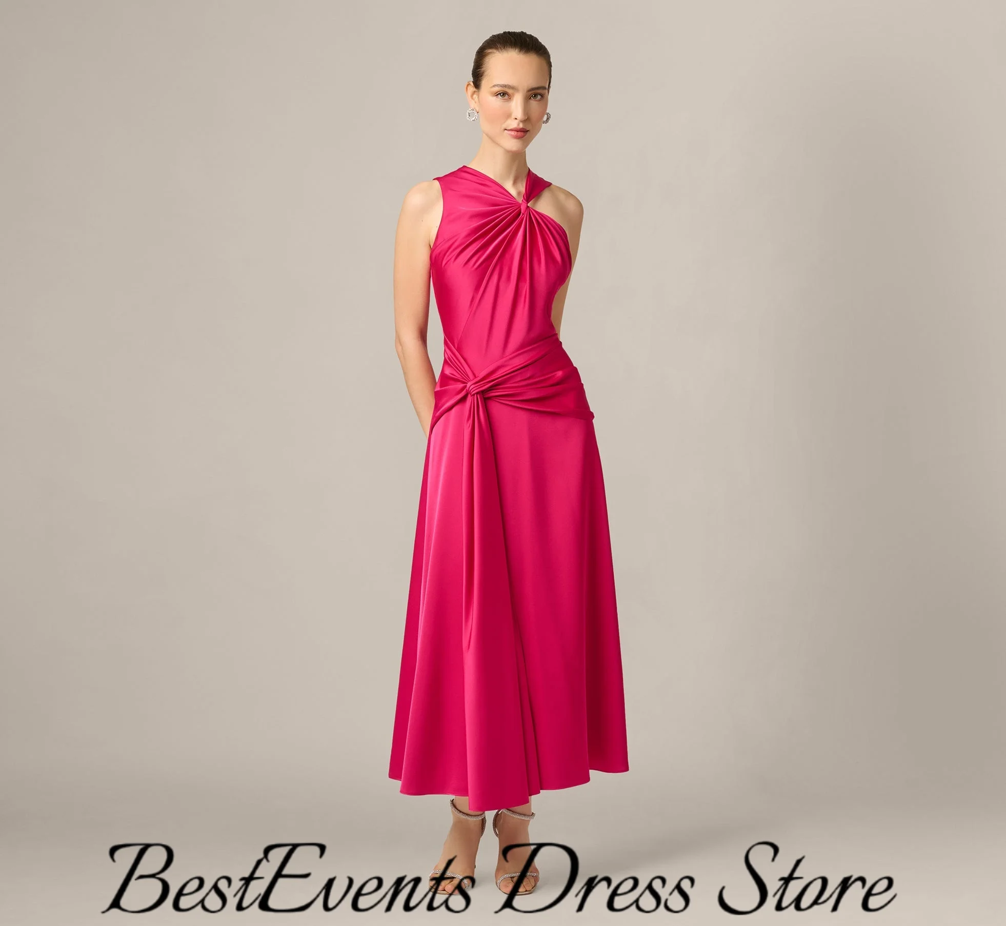 Satin Halter Customized Sleeveless Front Twist Knot Keyhole Neck Waist Self Tie Draped Flared Skirt  Cocktail Party