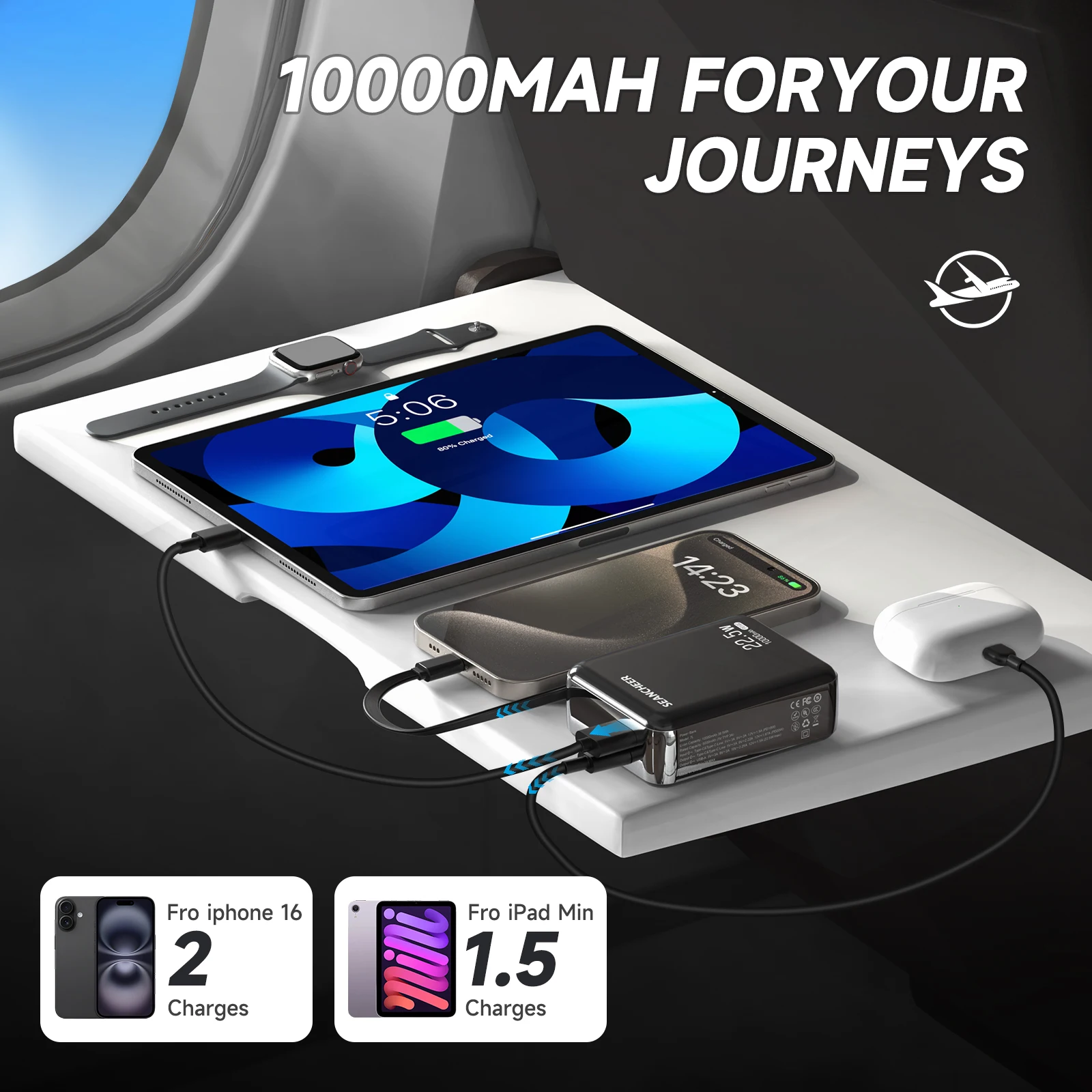 미니 휴대용 충전기, 22.5w 고속 충전 접이식 USB-C 케이블이 포함된 10000mAh 보조베터리, iPhone 16/15용 USB C 입력/출력