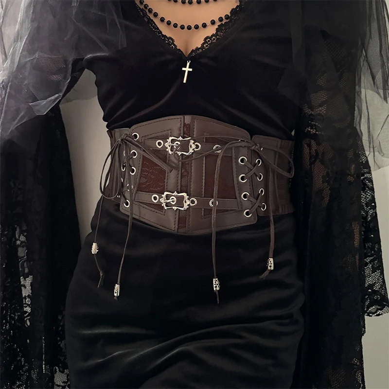 

Ретро кожаный ажурный женский пояс с регулируемыми боковыми ремнями и металлической пряжкой, в готическом стиле