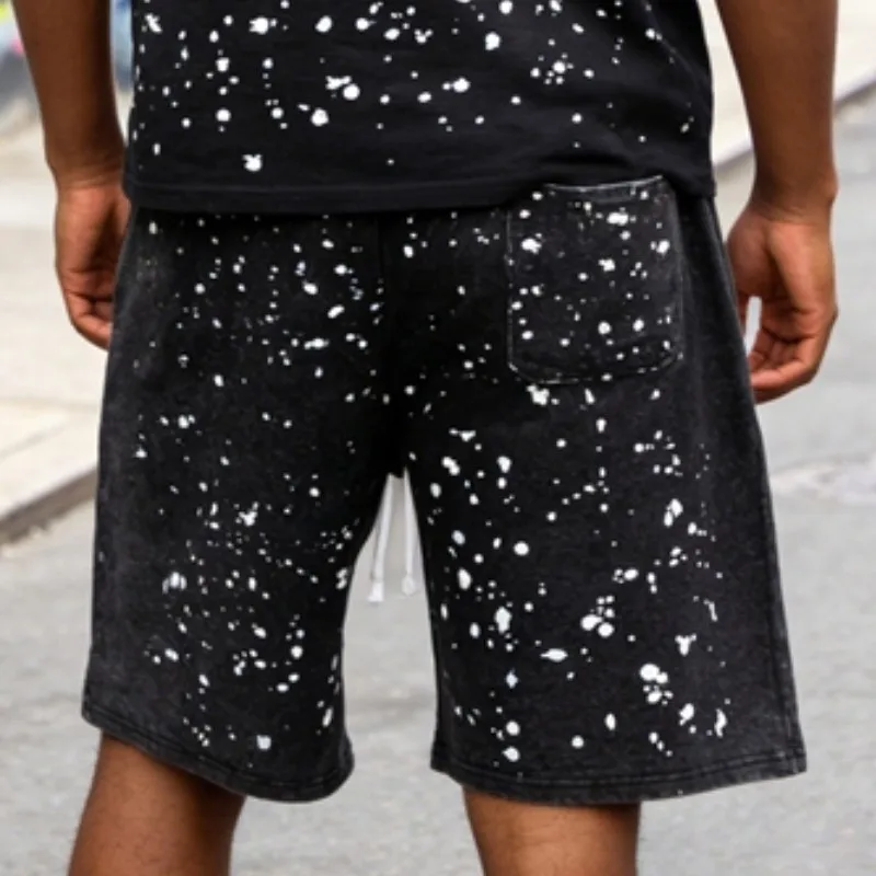 Handmade Ink Splashing Fading Letter Vintage Black SATOSHI Tshirts Hiphop Street Fake Two Piece Long Sleeve Men Women Shorts view 6