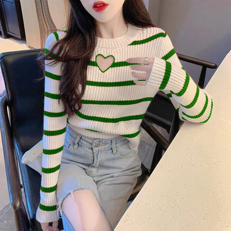 

Autumn New Love Hollow Out Striped Sweaters Long Sleeve O-Neck Slim Knitting Pullovers Tops Sweet Korean Fashion Women Clothing