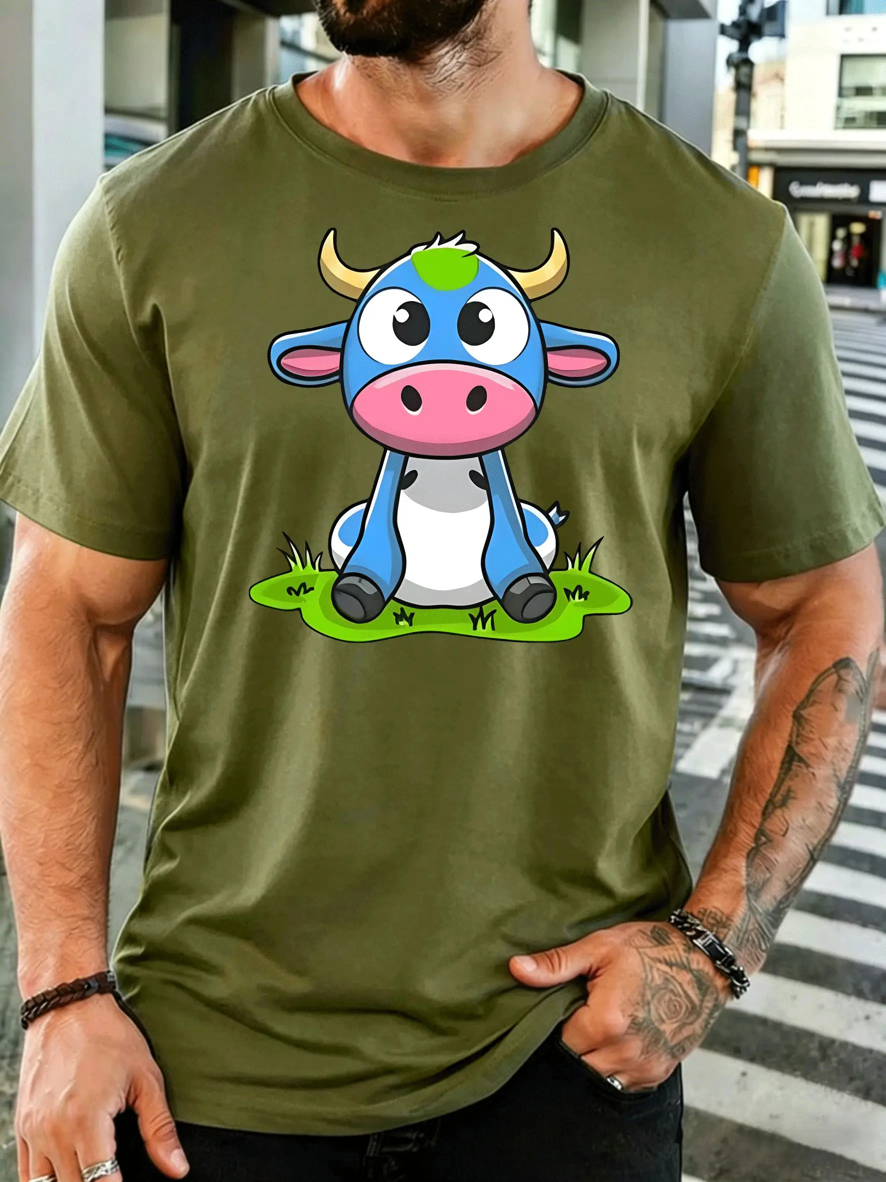 Men Short Sleeve T Shirt Cute Blue Cow Graphic Tee Grass Print Tops Summer Soft Cotton Casual Street Wear For Adult Male