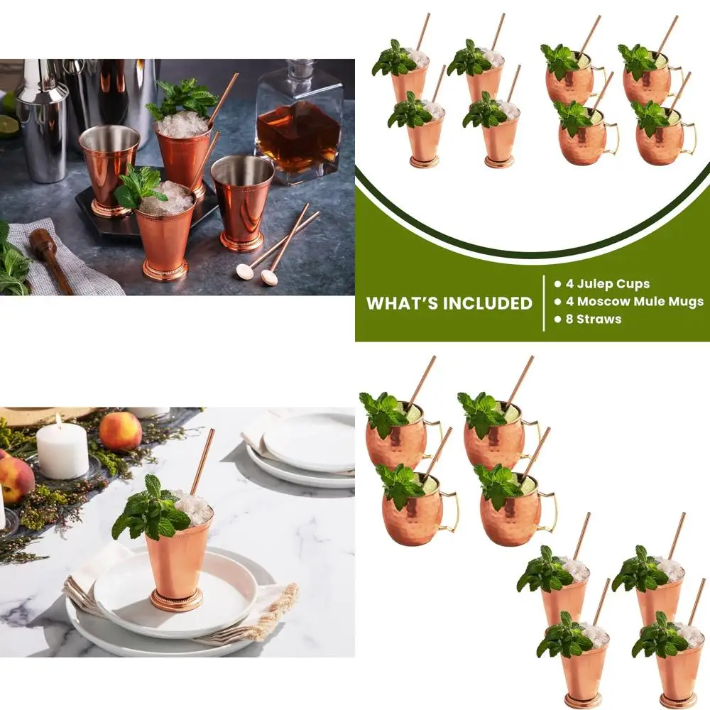 

Stainless Steel Mint Julep & Moscow Mule Set: 4 Cups, 4 Mugs, 8 Straws Barware Gift