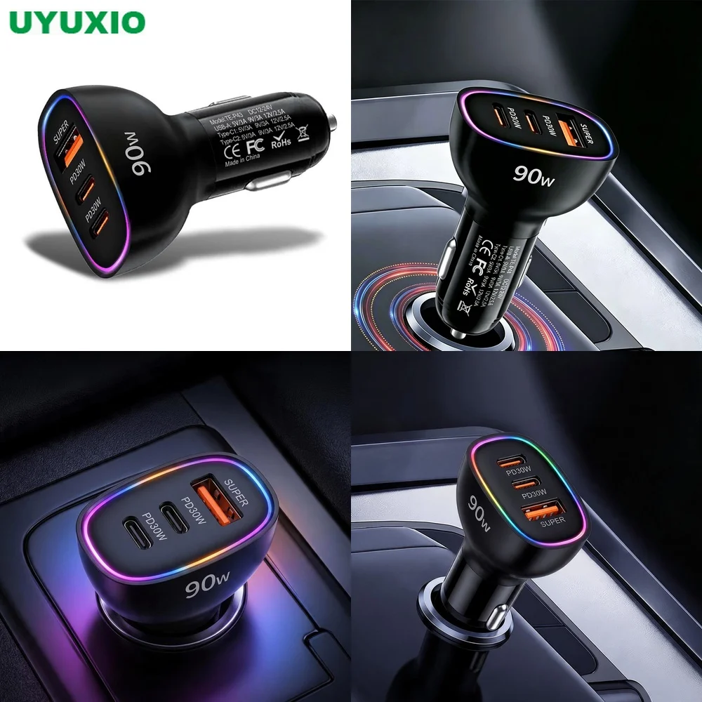 Super Fast Charging 90W Car Charger Multi Port Dual PD 30W Type C USB A 30W Power Adapter for Laptop MacBook PPS QC3.0 RGB LED
