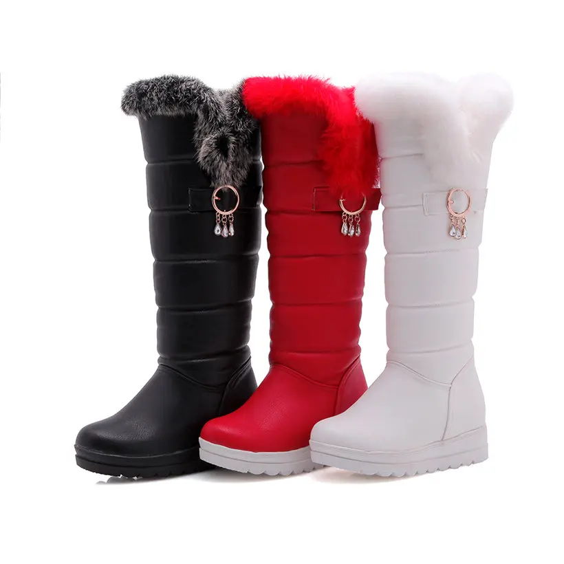 Winter Women Rabbit Fur Plush Knee-high Snow Boots Red White Black Casual Crystal Ring Height Increased Platform Lady Long Boots