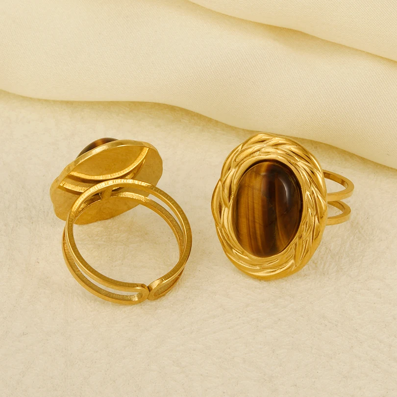 1pc Popular Stainless Steel Oval Natural Tiger Stone Finger Ring Gold Color Adjustable Waterproof Geometric Charm Jewelry