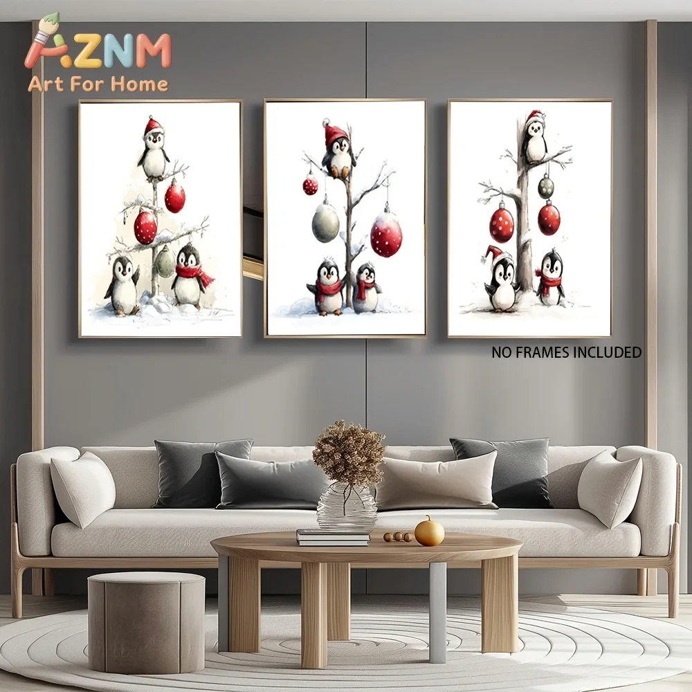 AZNM Christmas Penguin Canvas Wall Art Winter Snow Xmas Ball Ornament Watercolor Frameless Canvas Painting Kids Room Holiday Hom