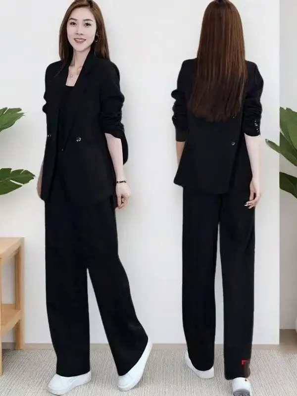 

Свободный повседневный весенний женский костюм: пиджак и брюки с широкими штанинами, комплект из двух предметов, с высокой талией, длинными рукавами, в корейском стиле, модный