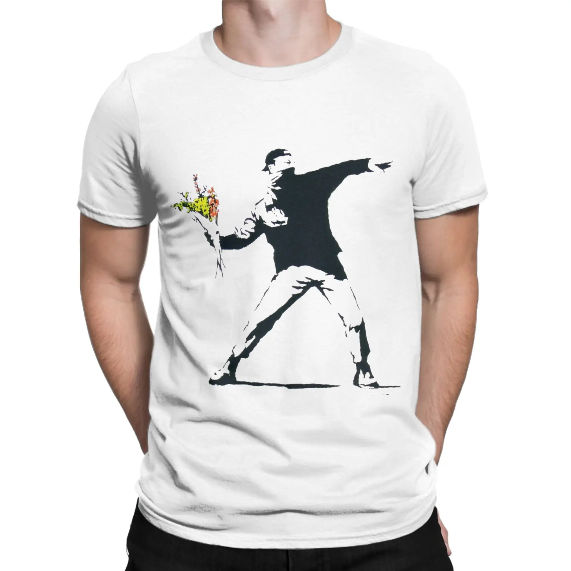 Banksy    Men T Shirt Flower Thrower Funny Tee Shirt Short Sleeve Crew Neck T-Shirts 100% Cotton Birthday Gift Tops