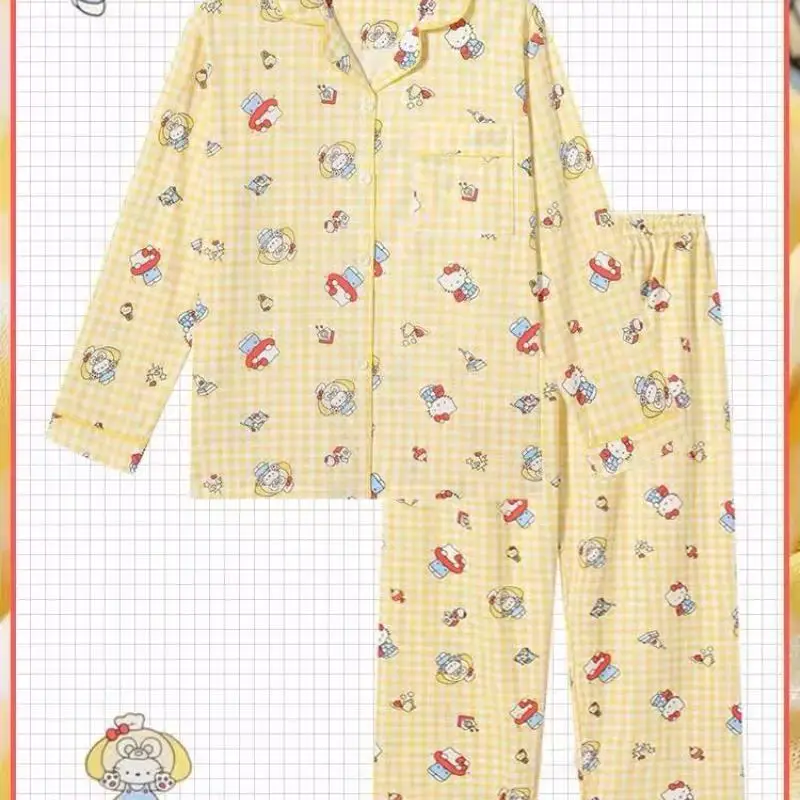 

Sanrio, новый стиль, пижамы, 2 шт., пижамы Hello Kitty Girl из чистого хлопка с длинными рукавами, модная весенне-осенняя студенческая домашняя одежда