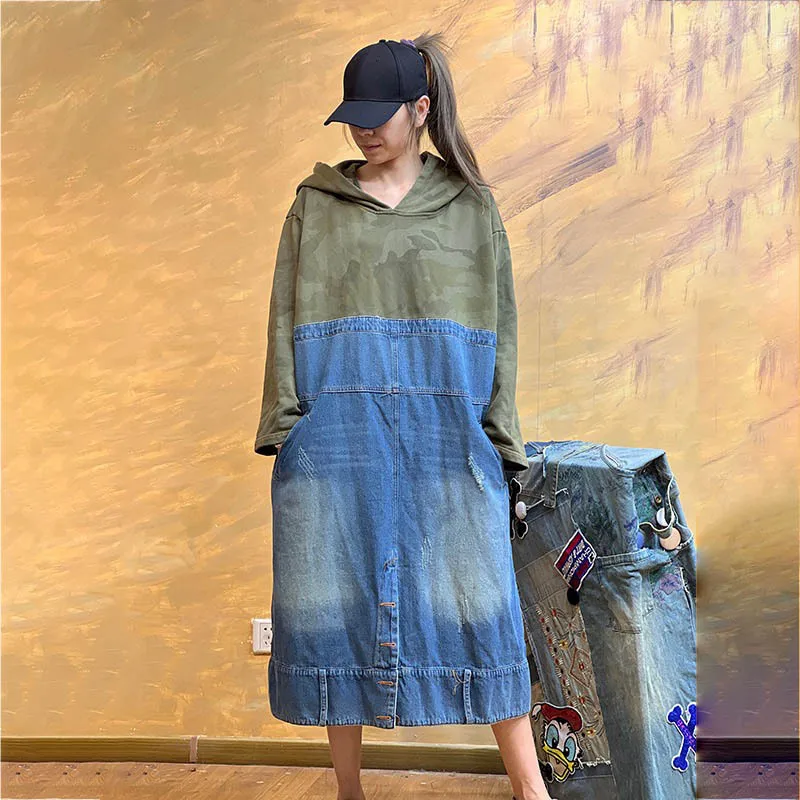 

Mid Length Dress Women Dresses Casual Loose Hooded Vestidos Streetwear Full Sleeve Elegant Splice Y2k Camouflage Work 2025