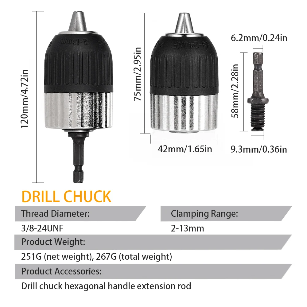 1.5-13mm Clamping Range 3/8-24UNF Self-locking Keyless Electric Drill Chuck Driver Tool Keyless Adapter Impact Hex Shank