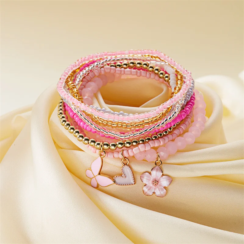 9-teiliges Set Böhmische Schmetterlings-Blumen-Anhänger-Armbänder für Frauen, Handgefertigte Reisperlen-Armbänder, Gestapelte Armbänder, Sommer-Strandparty-Schmuck – Detail 16