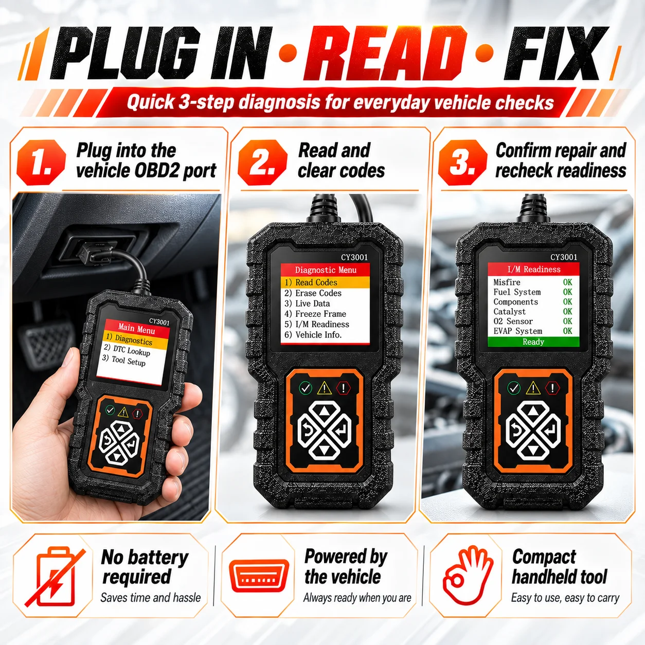 CY3001 OBD2 Car Scanner Automotive Diagnostic Tool Engine Code Reader Fault Code Clearer Check Engine Light Tester