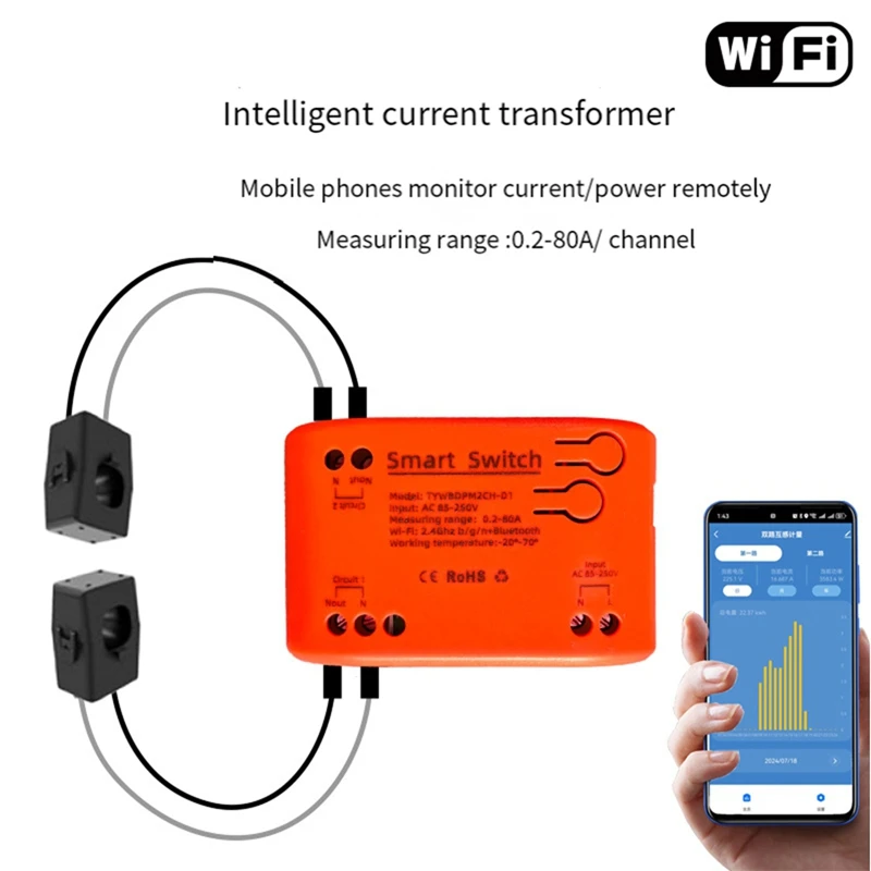 Tuya สมาร์ท 85-250V Wifi 2 Channel Clamp พร้อม Current/แรงดันไฟฟ้า/การตรวจสอบพลังงาน 80A สมาร์ทพลังงานเมตรสําหรับ alexa Alice