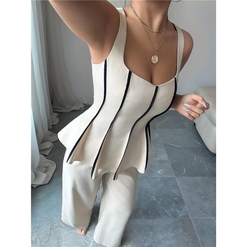 CYL-Abito da donna casual da lavoro estivo in 2 pezzi, vestibilità slim, gilet elegante e pantaloni a gamba larga