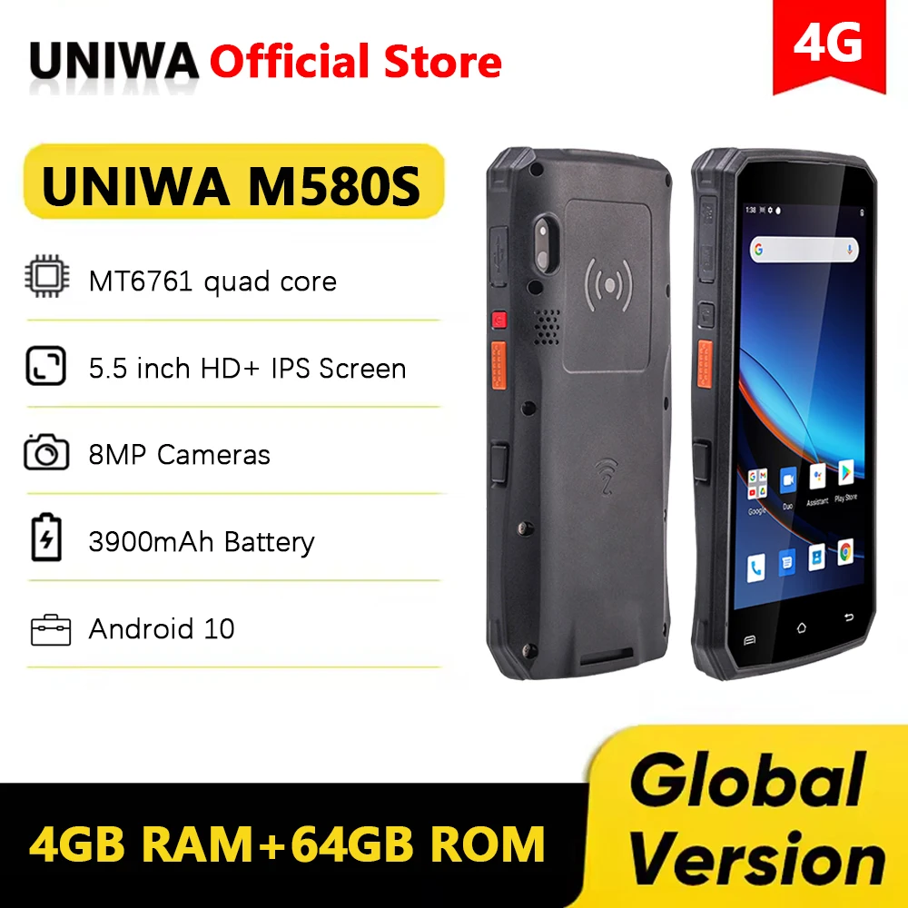 UNIWA M580S 4G PDA الصناعية أندرويد 10 4GB + 64GB محطة محمولة مع 2D الباركود QR الماسح الضوئي جامع البيانات 3900mAh جهاز NFC