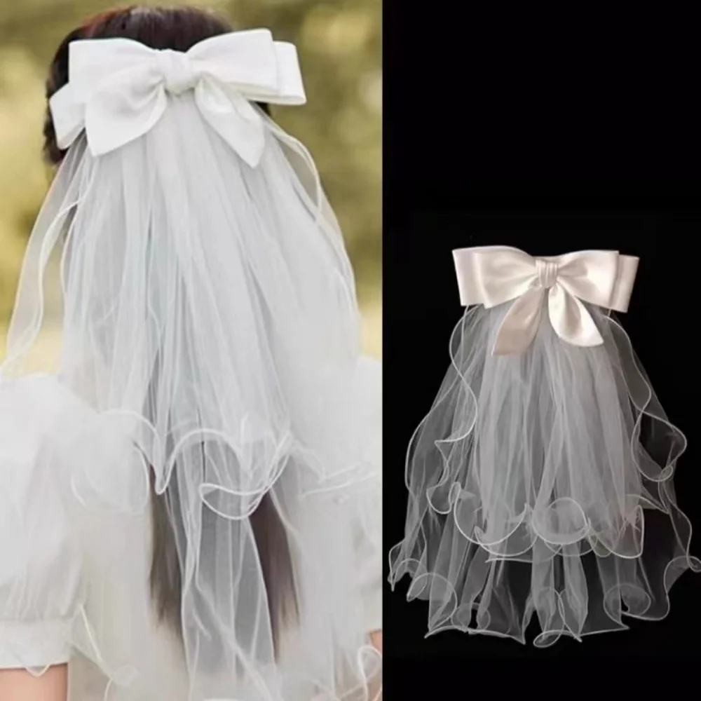 Double Layer White Mesh Tulle Bridal Veils Hair Clip Princess Headdress Veil With Bow Ribbon Wedding Party Bridal Headwear