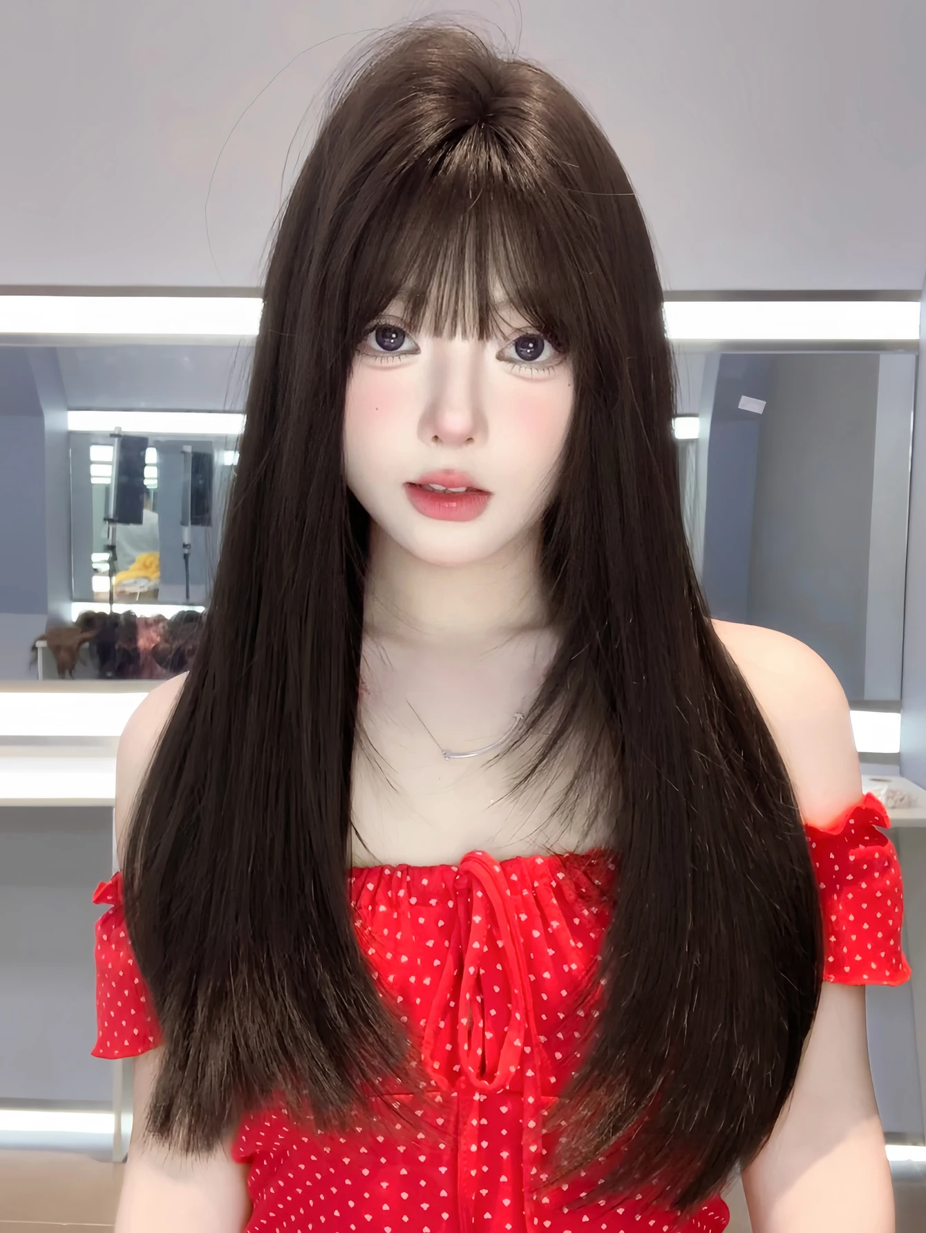 26Inch Black Pretty Lovely Synthetic Wigs With Bang Long Natural Straight Hair Wig for Women Daily Cosplay Party Heat Resistant