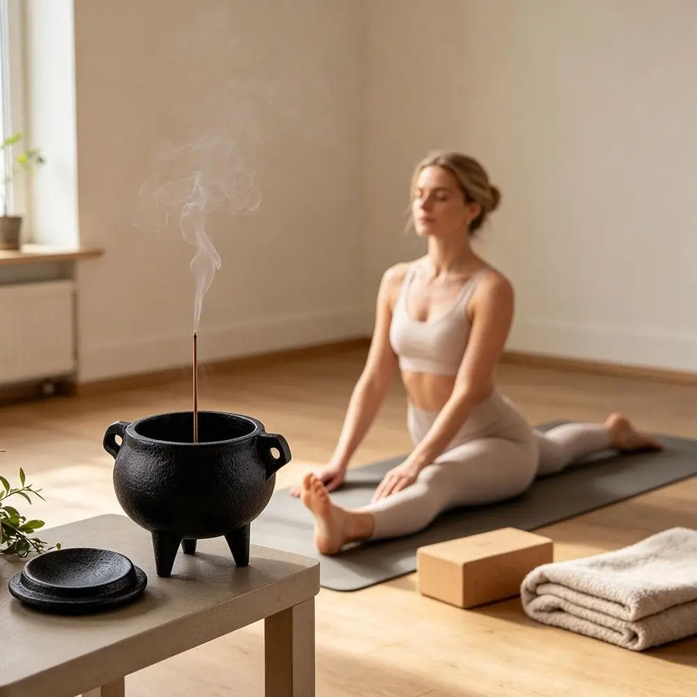 Vintage Mini Incense Burner Cast Iron Cauldron with Removable Lid Stable Tripod Yoga Meditation Purification Incense Burner