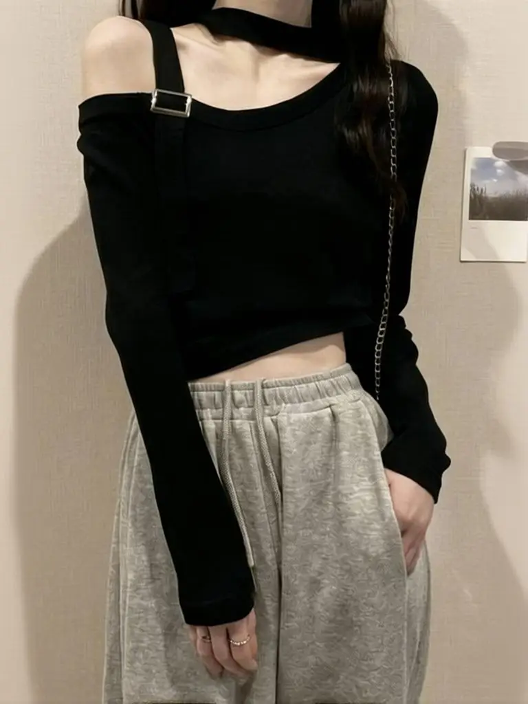 One Shoulder Knitted Pullover Women Strap Belted Long Sleeve Sweater Outerwear Halter Knitwear Cropped Basic Tees Off Shoulder
