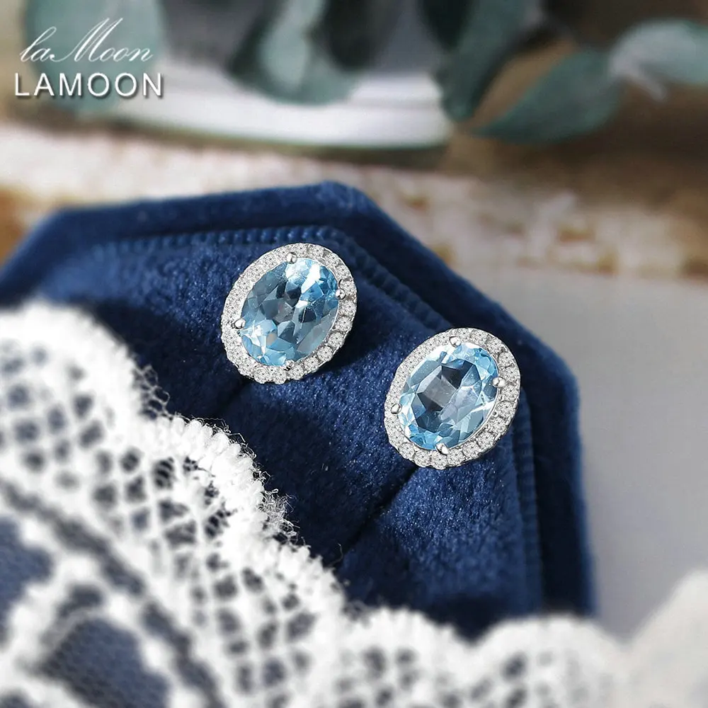LAMOON Natural Topaz Earrings For Women Gemstone Earring Blue Stone 925 Sterling Silver White Gold Plated Wedding Jewelry EI020