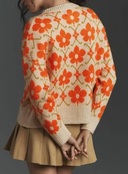 Otoño Invierno nuevo cárdigan, chaqueta suéter Jacquard Floral para mujer, elegante manga larga abotonada, ajuste suelto versátil