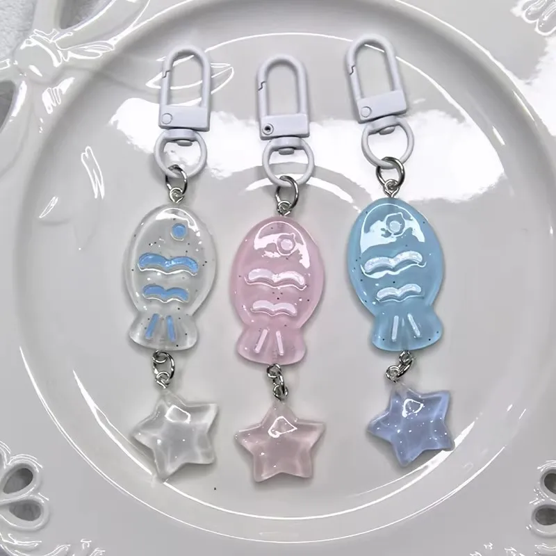 Ocean Series Resin Fish Starfish Key Chains for Women Shiny Cute Colorful Transparent Girl's Heart Bag Key Pendant Accessories